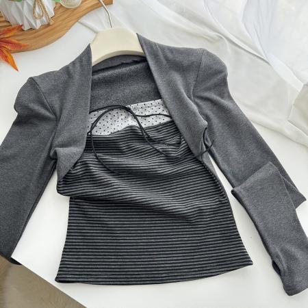 FA50558# 江江自制韩系撞色蝴蝶结系带波点元素坎肩假两件上衣T恤女 服裝批發女裝批發服飾貨源