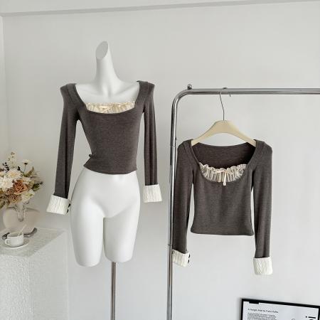 FA50559# 小姐姐圣诞来咯好穿B入毛毛袖弹力显瘦针织打底长袖T恤女 服裝批發女裝批發服飾貨源