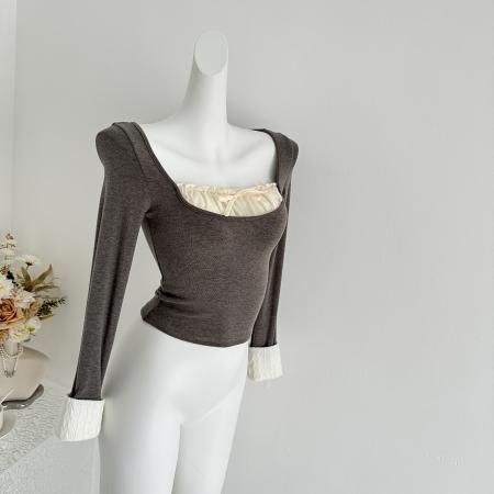 FA50559# 小姐姐圣诞来咯好穿B入毛毛袖弹力显瘦针织打底长袖T恤女 服裝批發女裝批發服飾貨源