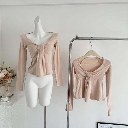 FA50560# 氛围之神U领褶皱羊毛长袖t恤女秋冬收腰显瘦打底衫上衣 服裝批發女裝批發服飾貨源