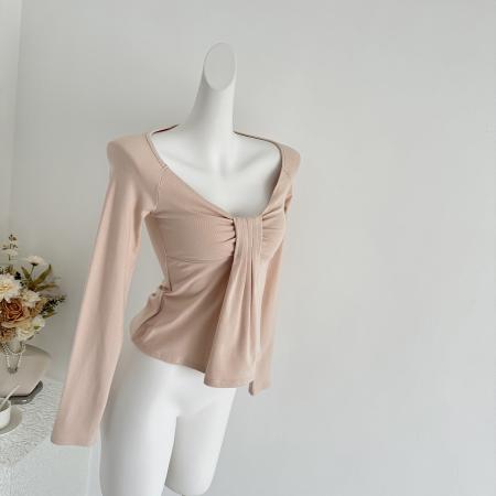 FA50560# 氛围之神U领褶皱羊毛长袖t恤女秋冬收腰显瘦打底衫上衣 服裝批發女裝批發服飾貨源