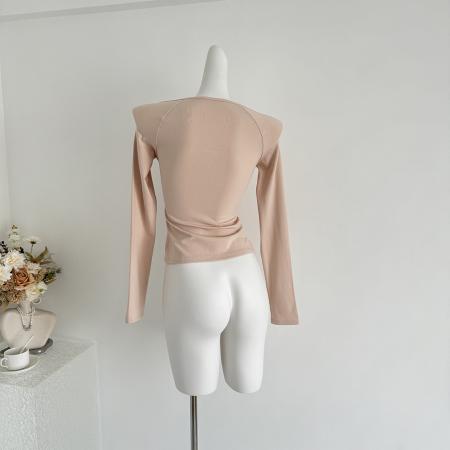 FA50560# 氛围之神U领褶皱羊毛长袖t恤女秋冬收腰显瘦打底衫上衣 服裝批發女裝批發服飾貨源