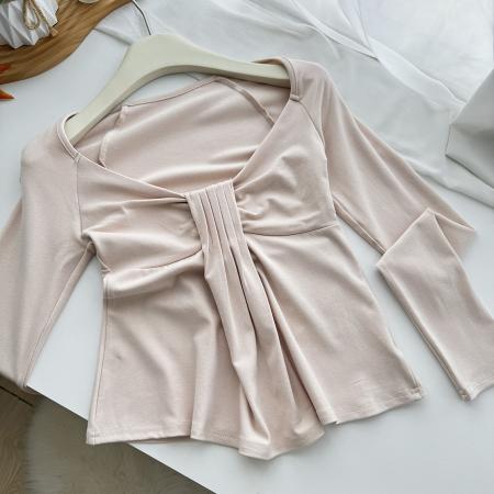 FA50560# 氛围之神U领褶皱羊毛长袖t恤女秋冬收腰显瘦打底衫上衣 服裝批發女裝批發服飾貨源