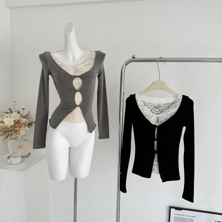 FA50561# 假两件蕾丝针织衫女修身长袖T恤内搭打底上衣 服裝批發女裝批發服飾貨源