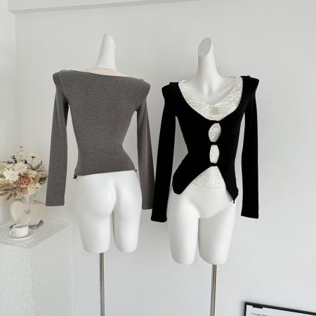 FA50561# 假两件蕾丝针织衫女修身长袖T恤内搭打底上衣 服裝批發女裝批發服飾貨源