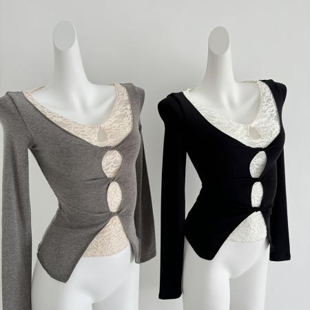 FA50561# 假两件蕾丝针织衫女修身长袖T恤内搭打底上衣 服裝批發女裝批發服飾貨源