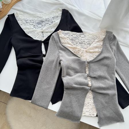 FA50561# 假两件蕾丝针织衫女修身长袖T恤内搭打底上衣 服裝批發女裝批發服飾貨源