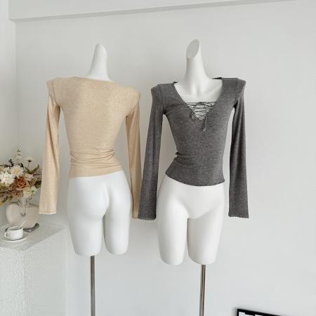 FA50562# BM新款纯欲设计感蕾丝边系带V领长袖T恤女bm上衣早秋穿搭针织衫秋 服裝批發女裝批發服飾貨源