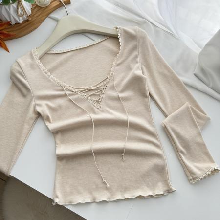 FA50562# BM新款纯欲设计感蕾丝边系带V领长袖T恤女bm上衣早秋穿搭针织衫秋 服裝批發女裝批發服飾貨源