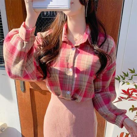 FA50565# 韩版春秋新款粉红色格子衬衫宽松休闲格纹百搭上衣女外套长袖衬衣 服裝批發女裝批發服飾貨源