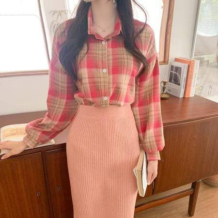 FA50565# 韩版春秋新款粉红色格子衬衫宽松休闲格纹百搭上衣女外套长袖衬衣 服裝批發女裝批發服飾貨源