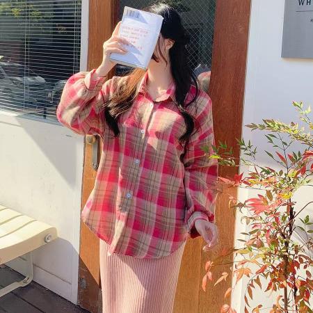 FA50565# 韩版春秋新款粉红色格子衬衫宽松休闲格纹百搭上衣女外套长袖衬衣 服裝批發女裝批發服飾貨源