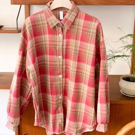 FA50565# 韩版春秋新款粉红色格子衬衫宽松休闲格纹百搭上衣女外套长袖衬衣 服裝批發女裝批發服飾貨源