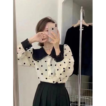 FA50566# 春秋季荷叶边领撞色波点衬衫原宿风时尚波点宽松衬衣女夏季 服裝批發女裝批發服飾貨源