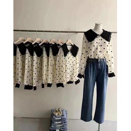 FA50566# 春秋季荷叶边领撞色波点衬衫原宿风时尚波点宽松衬衣女夏季 服裝批發女裝批發服飾貨源