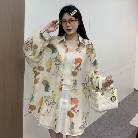 FA50567# 韩版夏季大码宽松懒惰风涂鸦印花衬衫原宿风防晒衣女外套上衣衬衣 服裝批發女裝批發服飾貨源