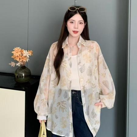 FA50567# 韩版夏季大码宽松懒惰风涂鸦印花衬衫原宿风防晒衣女外套上衣衬衣 服裝批發女裝批發服飾貨源