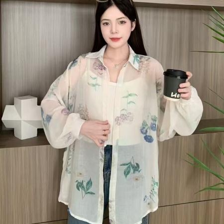 FA50567# 韩版夏季大码宽松懒惰风涂鸦印花衬衫原宿风防晒衣女外套上衣衬衣 服裝批發女裝批發服飾貨源