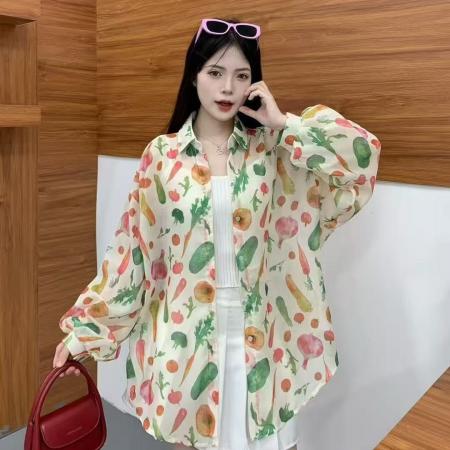 FA50567# 韩版夏季大码宽松懒惰风涂鸦印花衬衫原宿风防晒衣女外套上衣衬衣 服裝批發女裝批發服飾貨源
