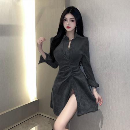 FA50568# 黑色御姐衬衣连衣裙长袖性感包臀裙秋收腰翻领衬衫小黑裙 服裝批發女裝批發服飾貨源