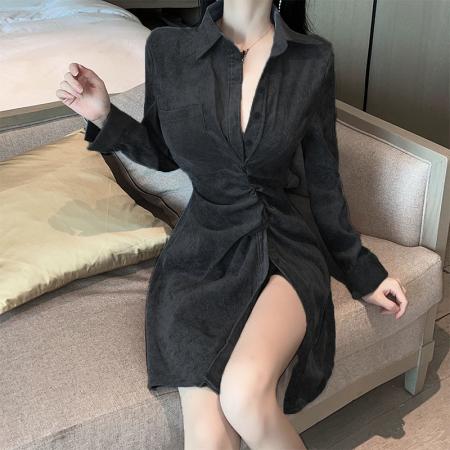 FA50568# 黑色御姐衬衣连衣裙长袖性感包臀裙秋收腰翻领衬衫小黑裙 服裝批發女裝批發服飾貨源