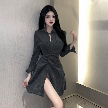 FA50568# 黑色御姐衬衣连衣裙长袖性感包臀裙秋收腰翻领衬衫小黑裙 服裝批發女裝批發服飾貨源