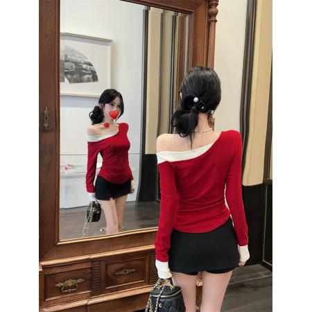 FA50577# 新款撞色假两件新年红色斜肩长袖T恤女配颈饰 服裝批發女裝批發服飾貨源