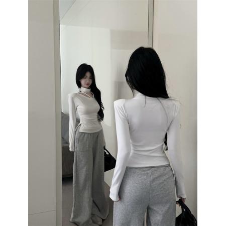 FA50579# 新款不规则半高领镂空皱褶长袖加绒T恤女 服裝批發女裝批發服飾貨源