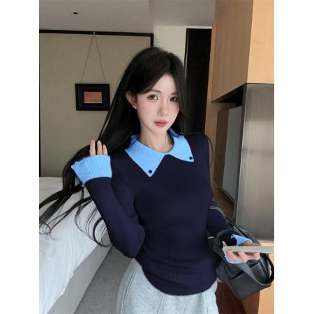 FA50586# 新款学院风复古翻领撞色假两件针织上衣女 服裝批發女裝批發服飾貨源