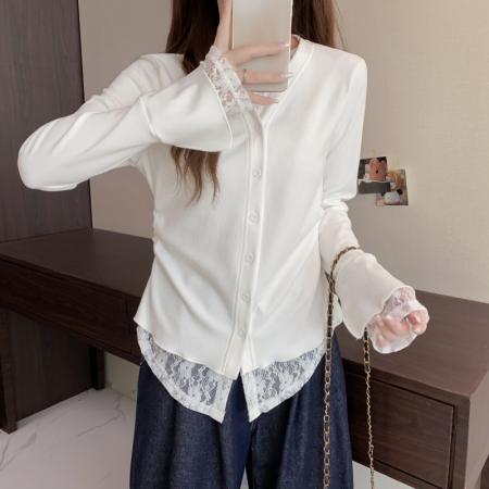 FA50587# 大码长袖开衫假两件蕾丝边加厚保暖T恤减龄遮肉显瘦打底衫女 服裝批發女裝批發服飾貨源