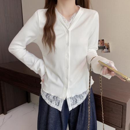 FA50587# 大码长袖开衫假两件蕾丝边加厚保暖T恤减龄遮肉显瘦打底衫女 服裝批發女裝批發服飾貨源