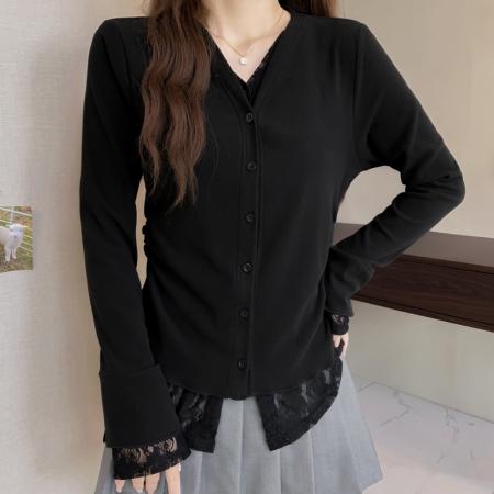 FA50587# 大码长袖开衫假两件蕾丝边加厚保暖T恤减龄遮肉显瘦打底衫女 服裝批發女裝批發服飾貨源