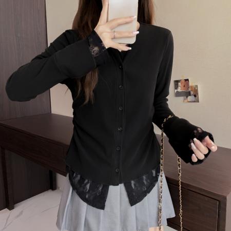 FA50587# 大码长袖开衫假两件蕾丝边加厚保暖T恤减龄遮肉显瘦打底衫女 服裝批發女裝批發服飾貨源