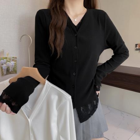 FA50587# 大码长袖开衫假两件蕾丝边加厚保暖T恤减龄遮肉显瘦打底衫女 服裝批發女裝批發服飾貨源