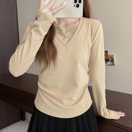 FA50588# 大码长袖V领假两件蕾丝边加厚保暖T恤减龄遮肉显瘦打底衫女装 服裝批發女裝批發服飾貨源