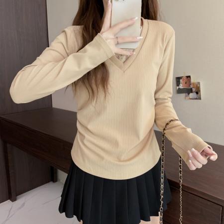 FA50588# 大码长袖V领假两件蕾丝边加厚保暖T恤减龄遮肉显瘦打底衫女装 服裝批發女裝批發服飾貨源