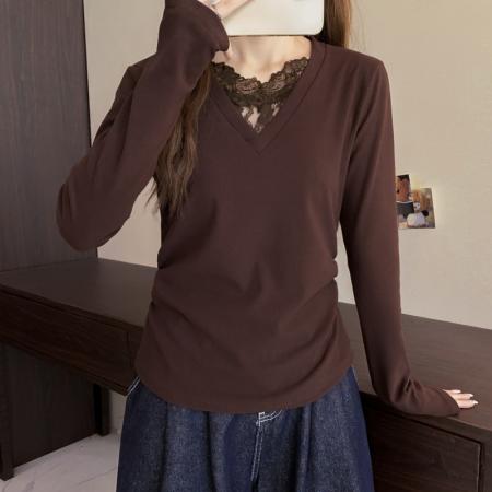 FA50588# 大码长袖V领假两件蕾丝边加厚保暖T恤减龄遮肉显瘦打底衫女装 服裝批發女裝批發服飾貨源