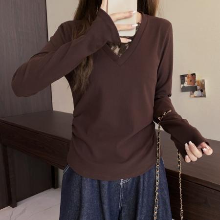 FA50588# 大码长袖V领假两件蕾丝边加厚保暖T恤减龄遮肉显瘦打底衫女装 服裝批發女裝批發服飾貨源