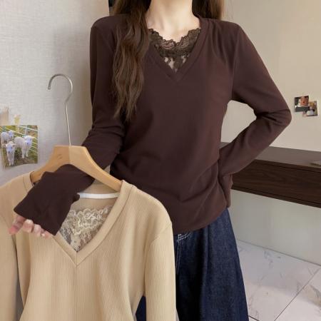 FA50588# 大码长袖V领假两件蕾丝边加厚保暖T恤减龄遮肉显瘦打底衫女装 服裝批發女裝批發服飾貨源