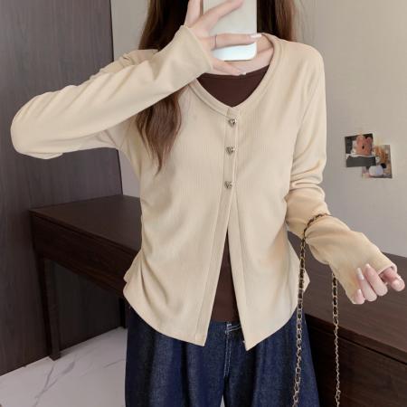 FA50590# 冬季大码长袖假两件T恤加厚保暖显瘦百搭减龄别致打底衫 服裝批發女裝批發服飾貨源