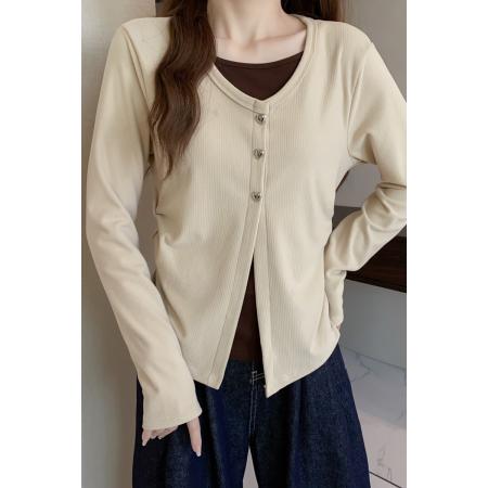 FA50590# 冬季大码长袖假两件T恤加厚保暖显瘦百搭减龄别致打底衫 服裝批發女裝批發服飾貨源