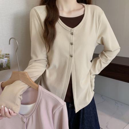 FA50590# 冬季大码长袖假两件T恤加厚保暖显瘦百搭减龄别致打底衫 服裝批發女裝批發服飾貨源