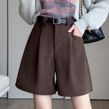 FA50595# 咖啡色灯芯绒短裤女秋冬外穿新款高腰五分裤a字雪尼尔阔腿裤 服裝批發女裝批發服飾貨源