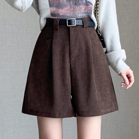 FA50595# 咖啡色灯芯绒短裤女秋冬外穿新款高腰五分裤a字雪尼尔阔腿裤 服裝批發女裝批發服飾貨源