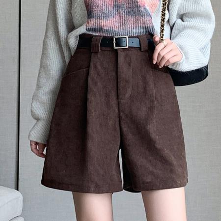 FA50595# 咖啡色灯芯绒短裤女秋冬外穿新款高腰五分裤a字雪尼尔阔腿裤 服裝批發女裝批發服飾貨源