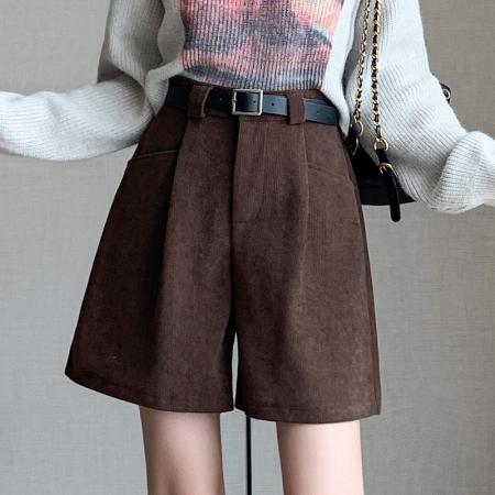 FA50595# 咖啡色灯芯绒短裤女秋冬外穿新款高腰五分裤a字雪尼尔阔腿裤 服裝批發女裝批發服飾貨源