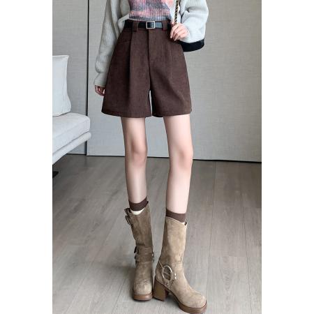 FA50595# 咖啡色灯芯绒短裤女秋冬外穿新款高腰五分裤a字雪尼尔阔腿裤 服裝批發女裝批發服飾貨源
