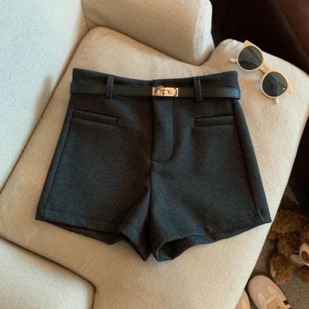 FA50596# 小香风灰色外穿毛呢直筒短裤女秋冬百搭高腰a字阔腿裤小个子靴裤 服裝批發女裝批發服飾貨源