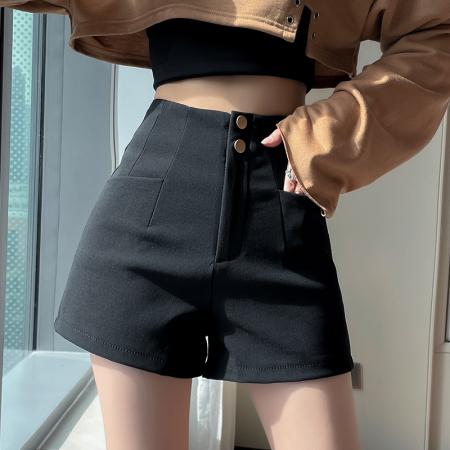 FA50598# 春秋新款口袋阔腿短裤女休闲黑色韩版高腰纯色外穿小个子热裤 服裝批發女裝批發服飾貨源