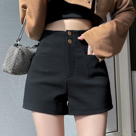 FA50598# 春秋新款口袋阔腿短裤女休闲黑色韩版高腰纯色外穿小个子热裤 服裝批發女裝批發服飾貨源